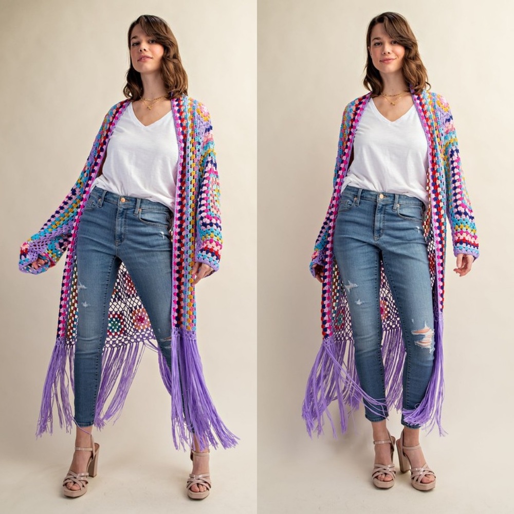*24 HOUR SALE*Destination Secured Lavender Granny Crochet Fringe Cardigan Duster - Picture 3 of 7